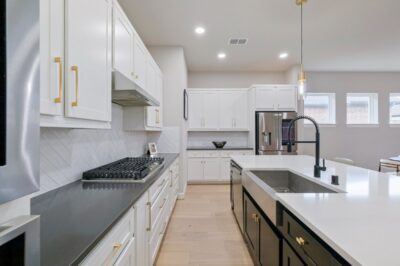 Kitchen with plenty of countertop space and open concept to the living room