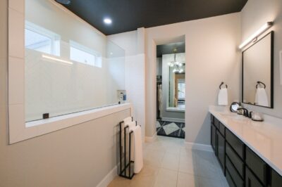 Spa like masterbathroom with dual sinks, huge walk in shower