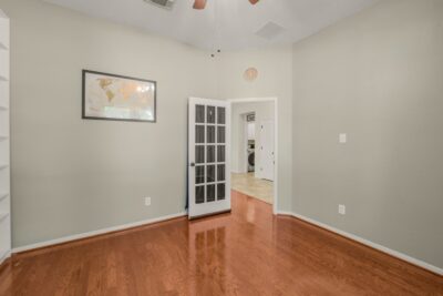 Dedicated home office featuring wood floors